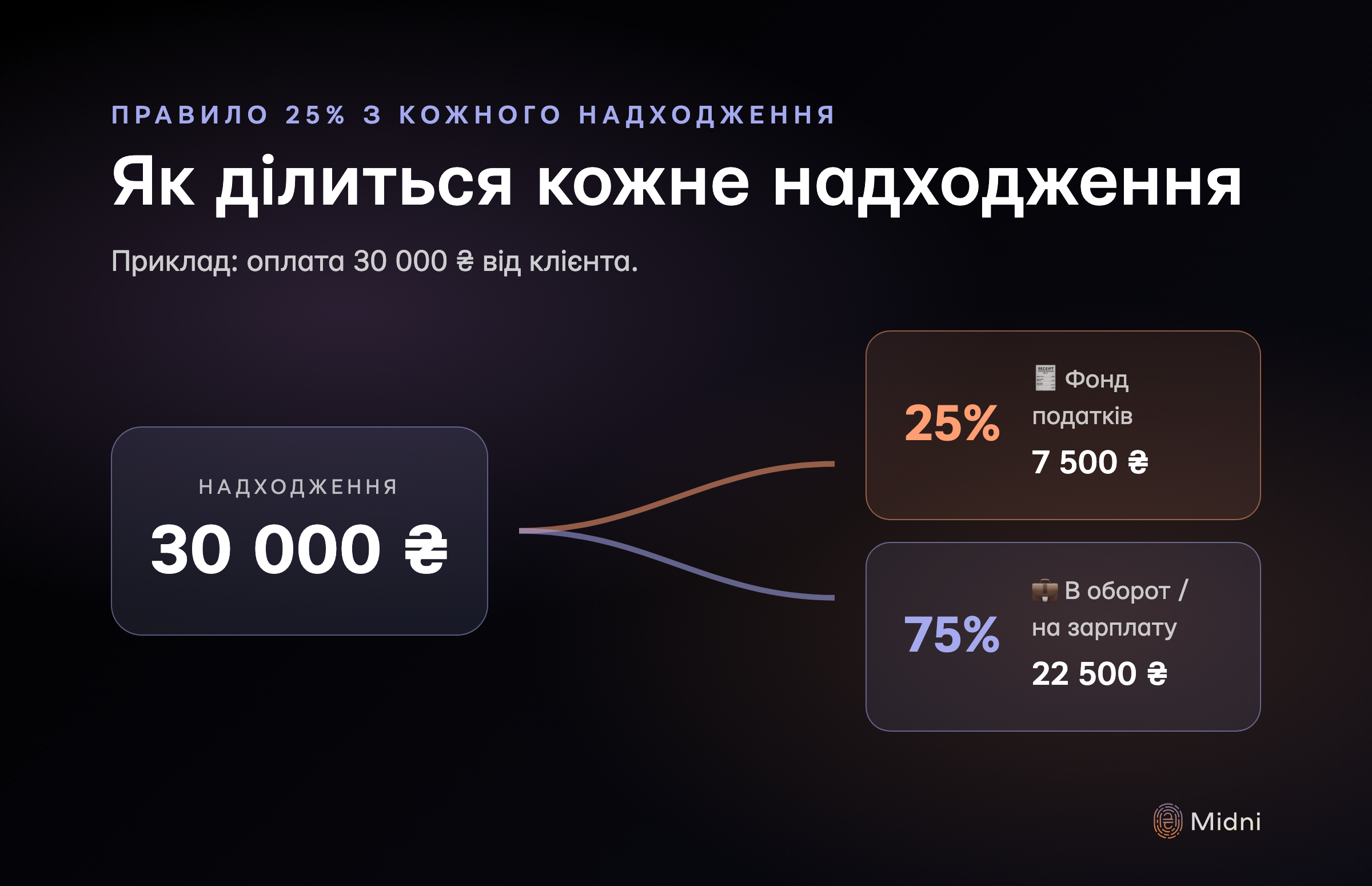 Як ділиться кожне надходження: 25% у фонд податків, 75% в оборот