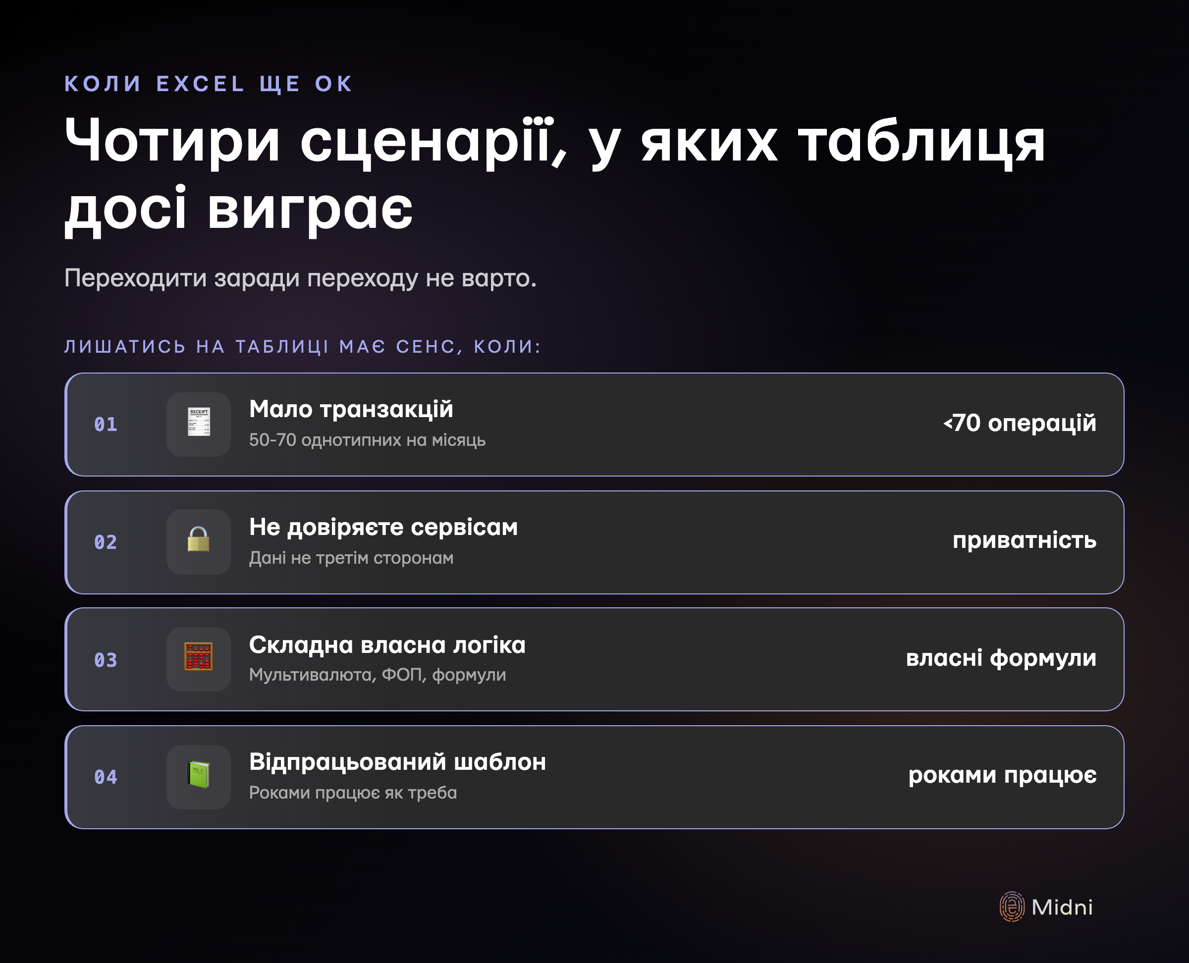 Чотири сценарії, у яких таблиця досі виграє: мало транзакцій (<70 на місяць), недовіра до сторонніх сервісів, складна власна логіка (мультивалюта, ФОП, портфель), відпрацьований шаблон, що роками працює