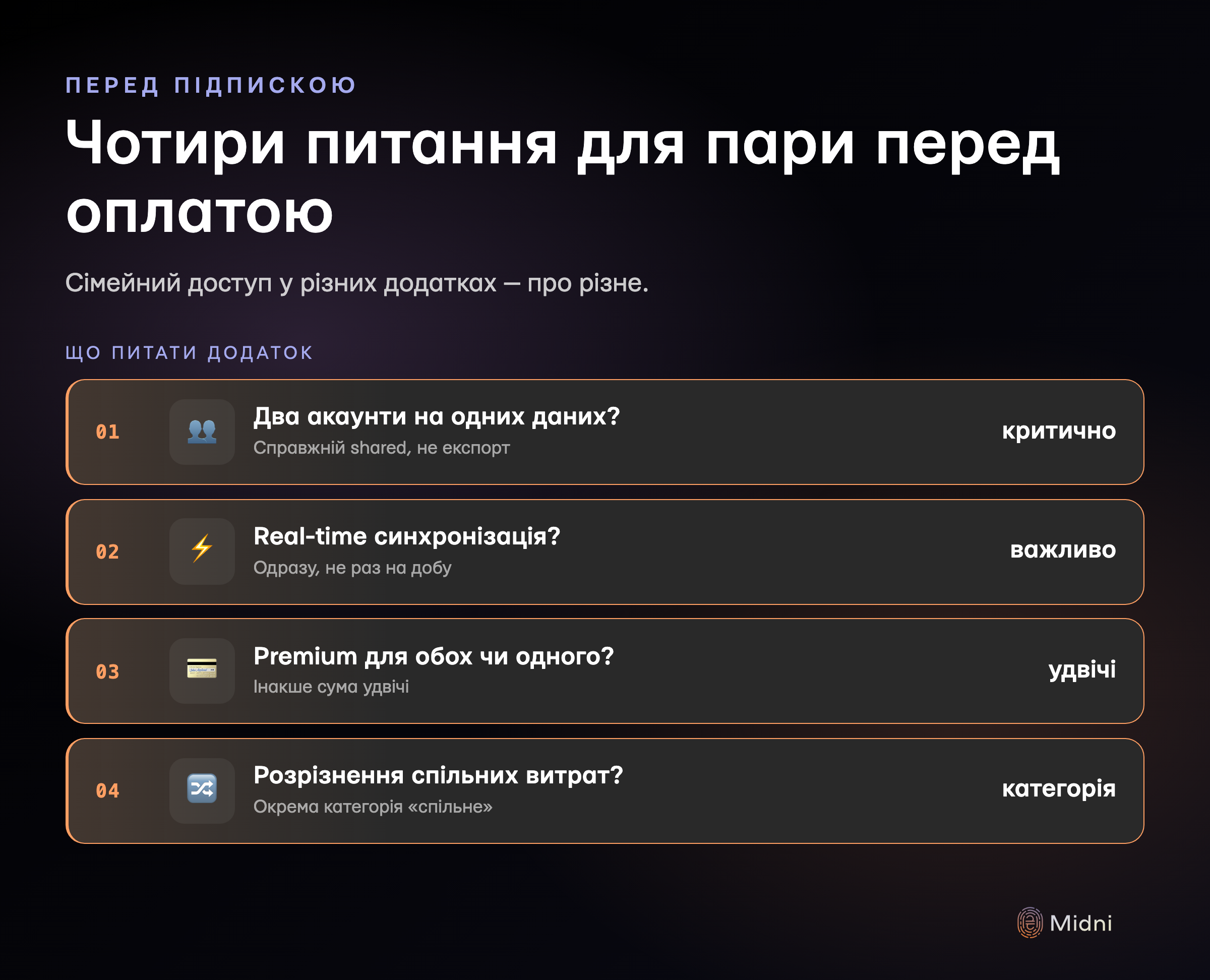 Чотири питання перед підпискою на додаток для пари: чи можна вести один рахунок з двох логінів, чи бачить партнер транзакції в реальному часі, чи потрібен Premium обом (впливає на ціну), чи розуміє додаток спільні витрати