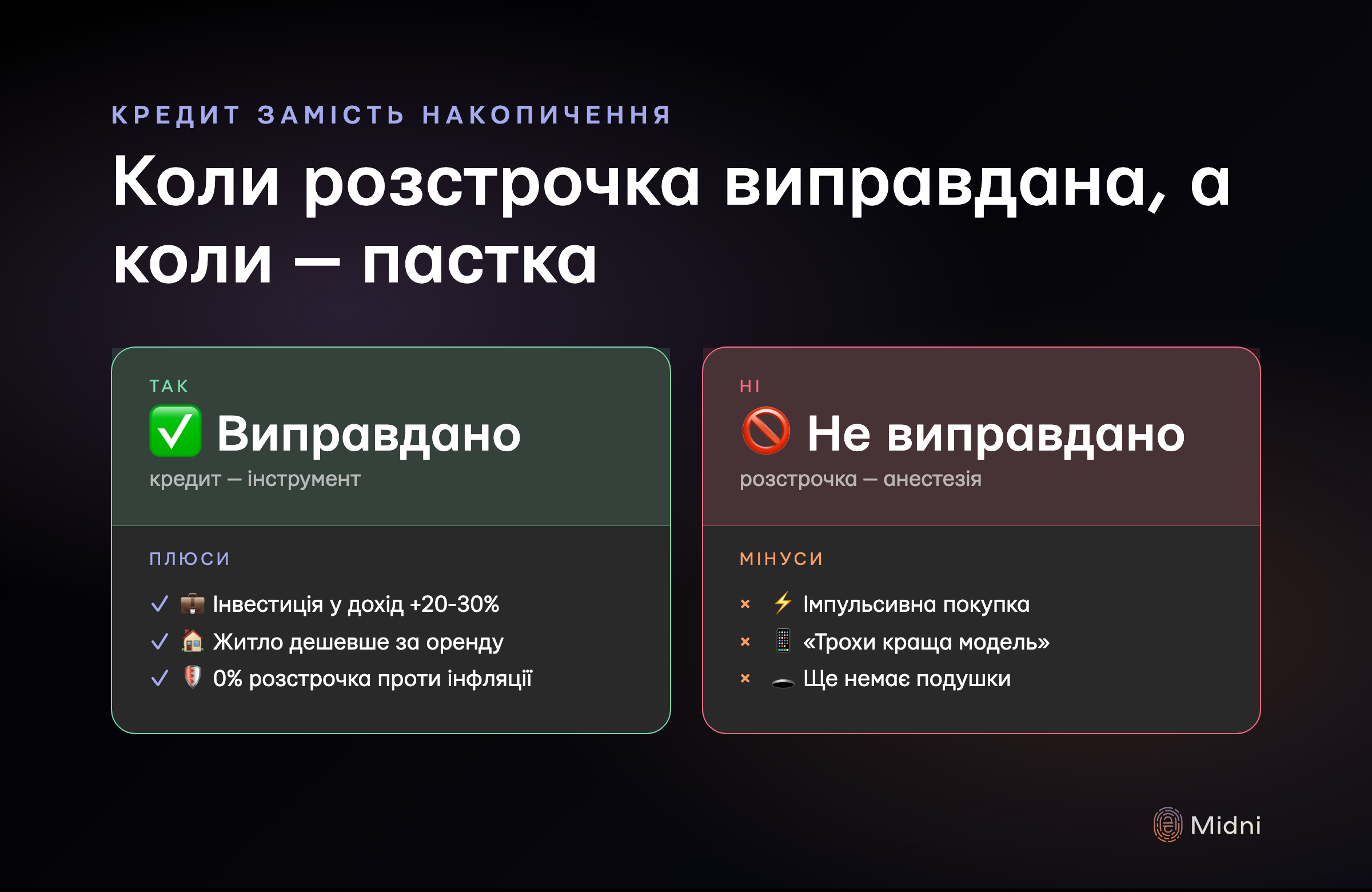 Коли розстрочка виправдана (інвестиція у дохід, житло, 0% розстрочка на заплановане) і коли — пастка (імпульс, бажання, відсутність подушки)