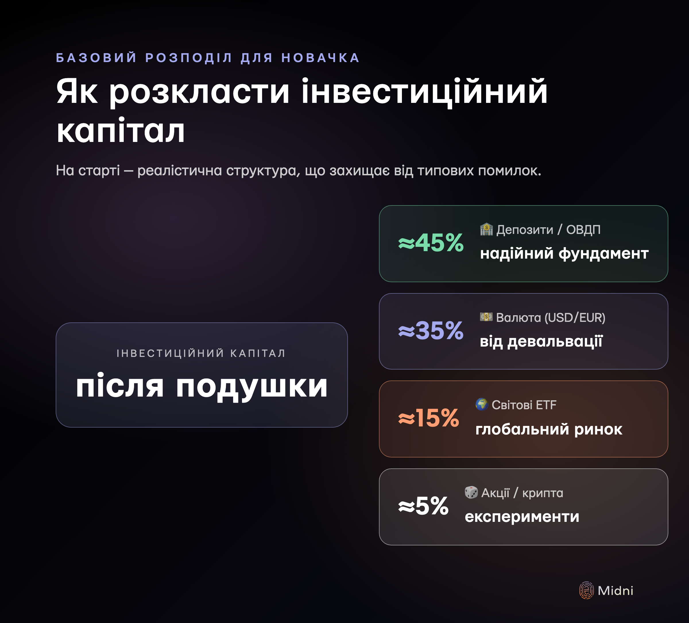 Базовий розподіл інвестиційного капіталу новачка: ≈45% депозити та ОВДП, ≈35% валюта USD/EUR, ≈15% світові ETF, ≈5% експерименти з акціями чи криптою